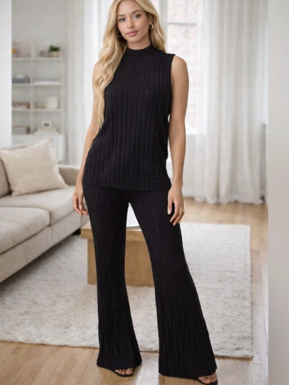 Revolve House of Harlow Ribbed Knit Black Mock Tank & Pants Set
